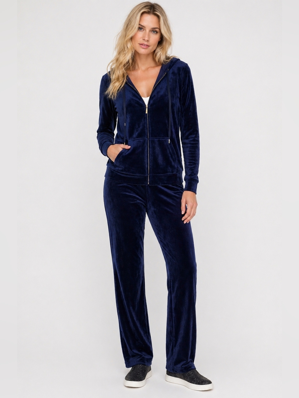 Gloria Vanderbilt Velour Tracksuit Set Full Zip Hooded, Size S,Sapphire Navy